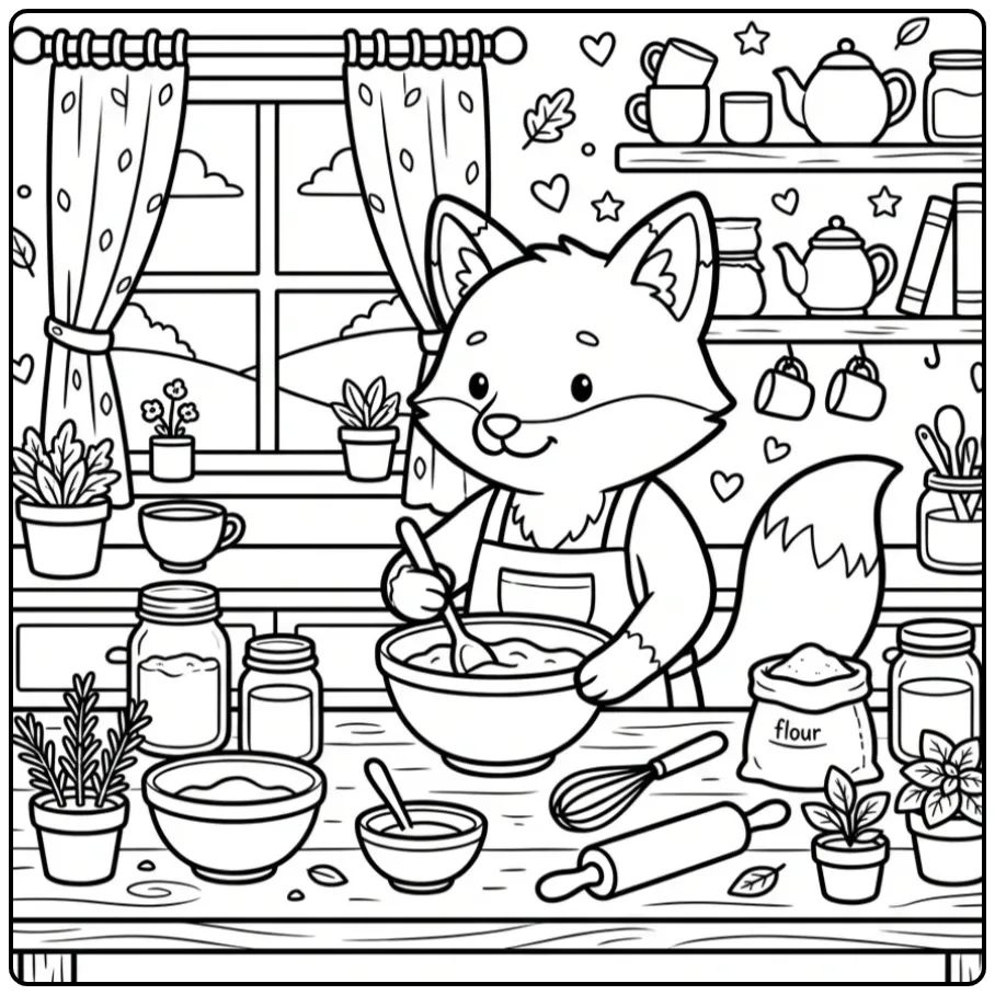 Een vrolijke kleurplaat vos in schort roert in een kom.