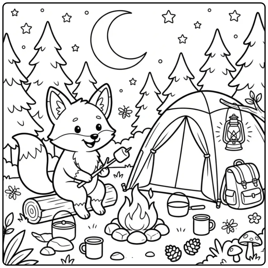Schattige kleurplaat vos kamperend bij een warm kampvuur.