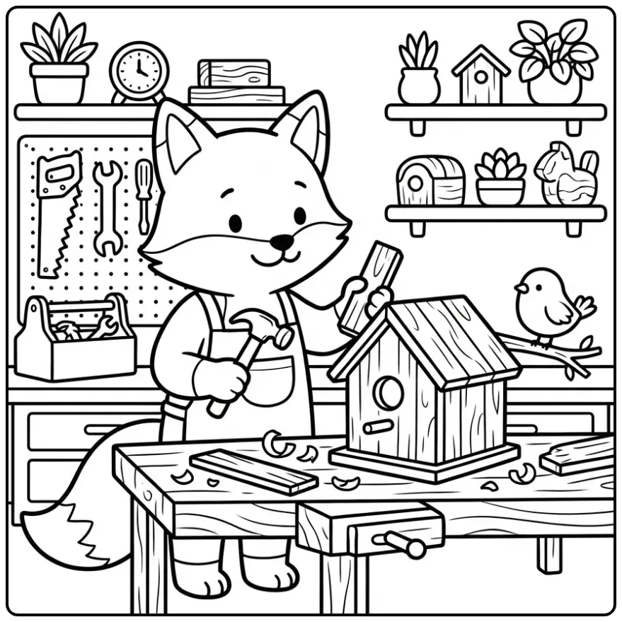 Een schattige kleurplaat vos met hamer en hout.