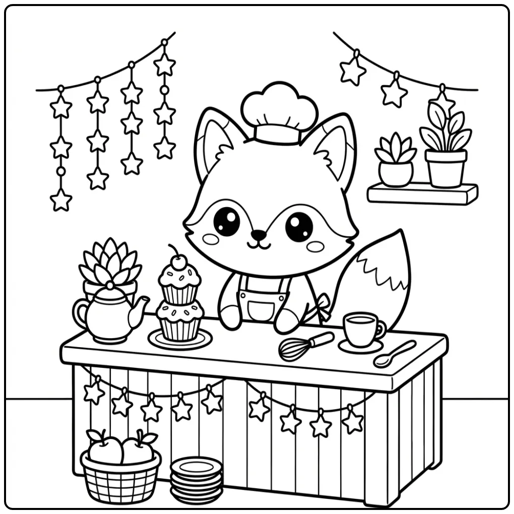 Een kawaii kleurplaat vos schattig met thee en taartjes.