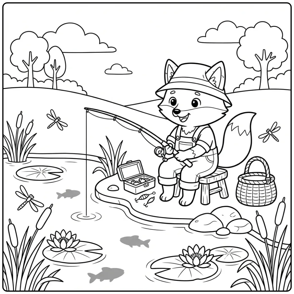 Vissende kleurplaat vos aan de waterkant met riet en lelies.