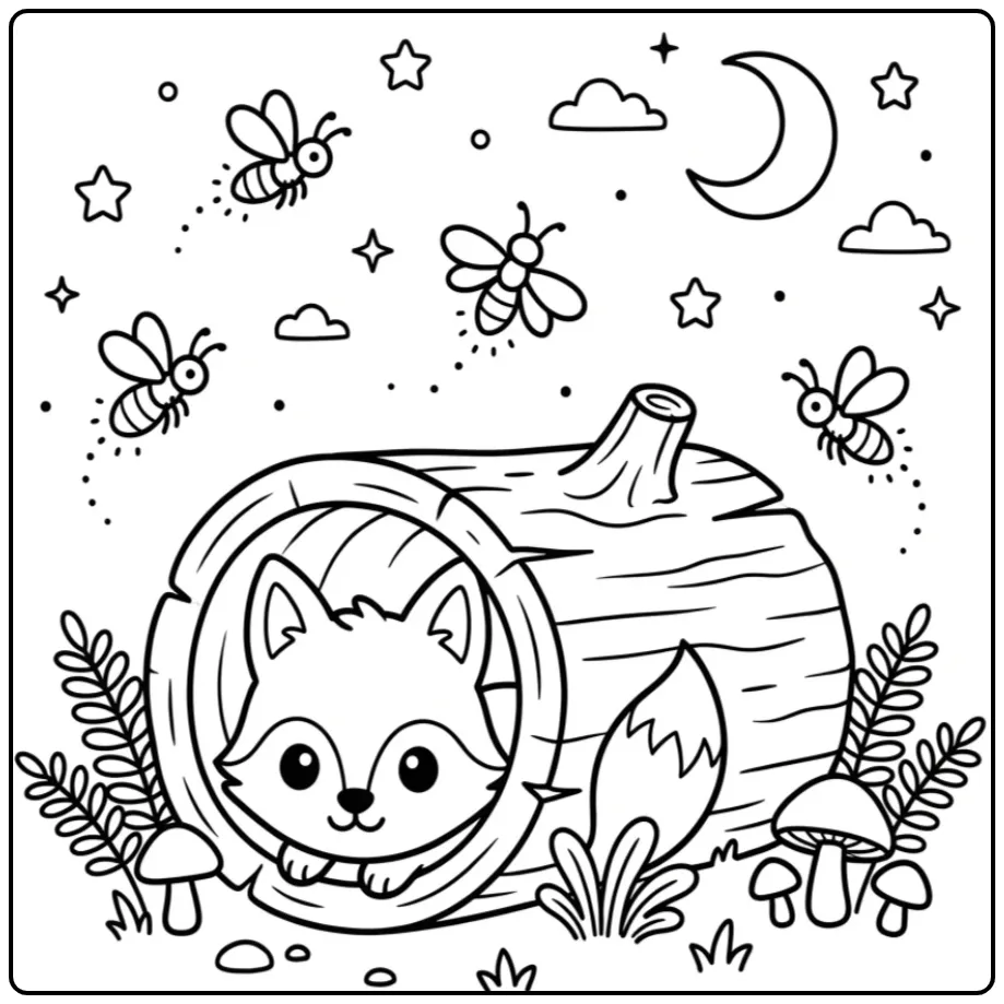 Een schattige kleurplaat vosje kijkt uit een holle boomstam.