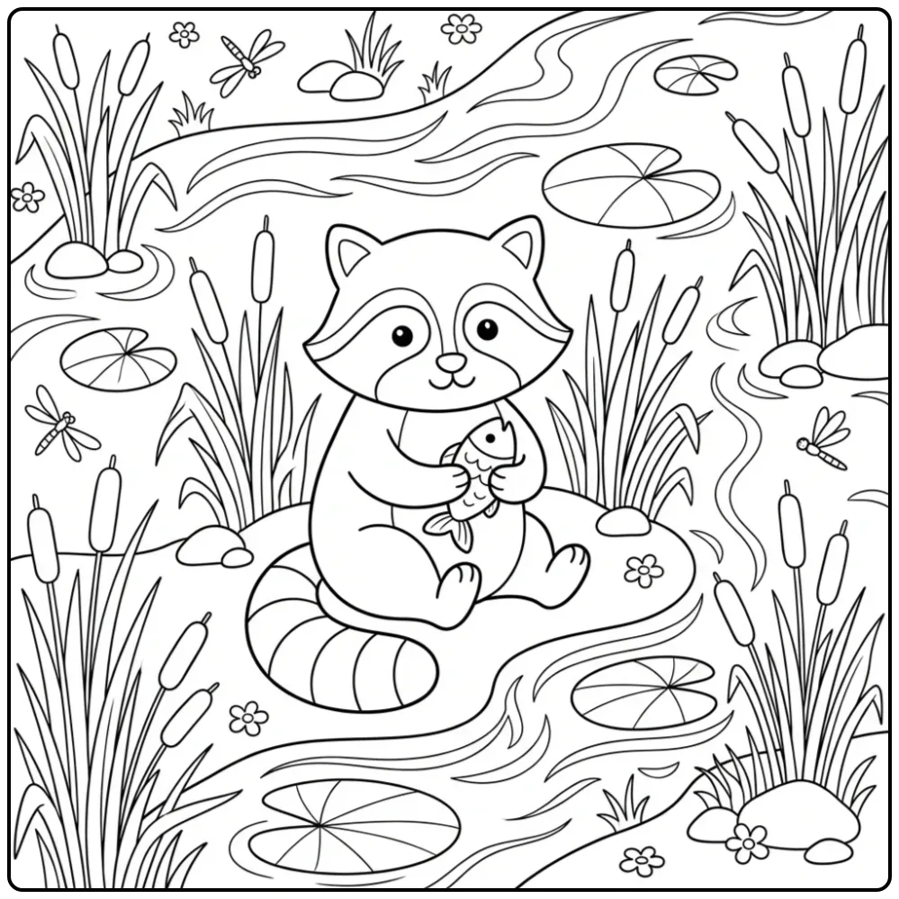 Schattige kleurplaat wasbeer met visspeeltje aan de rivier.