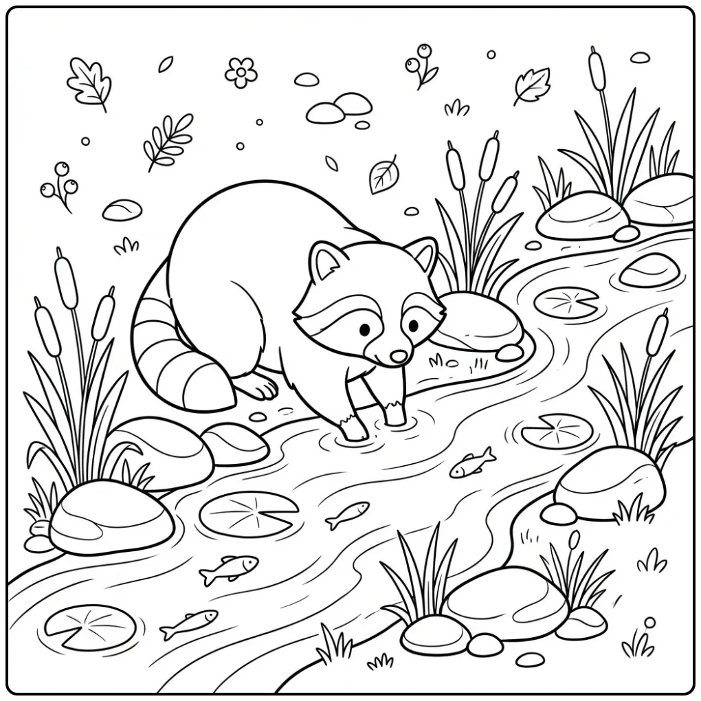 Schattige kleurplaat wasbeer wast pootjes bij een rivier.