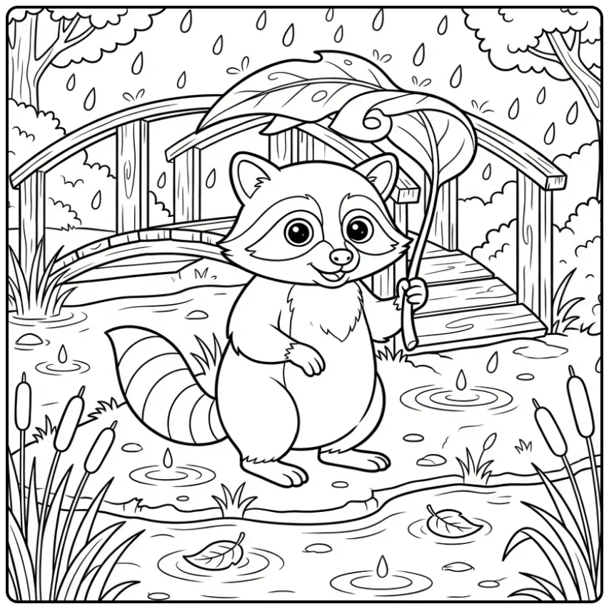 Schattige kleurplaat wasbeer met een blad als paraplu in de regen.