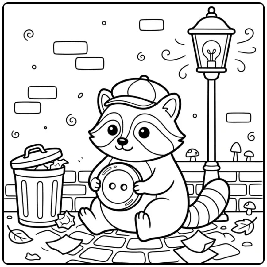 Schattige kleurplaat wasbeer met glimmende knoop in steeg.