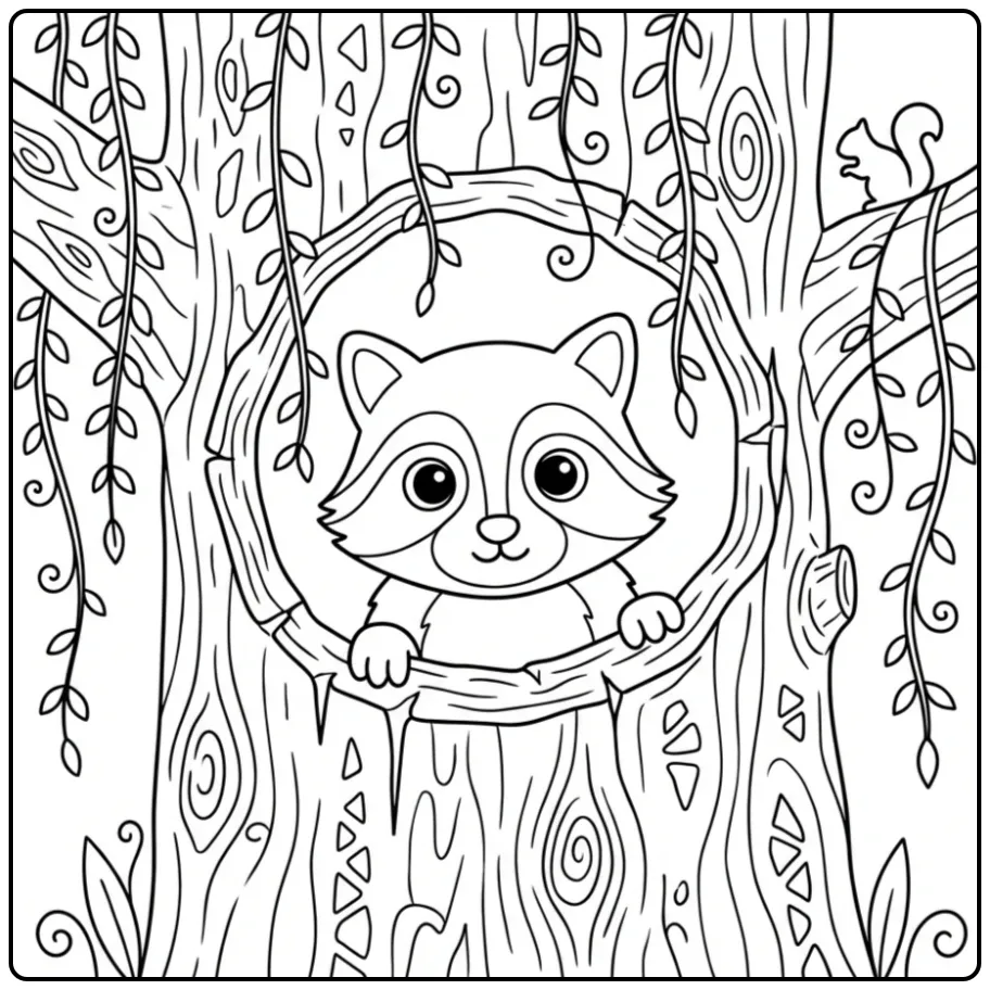 Een leuke kleurplaat wasbeer die uit een boomstam kijkt.