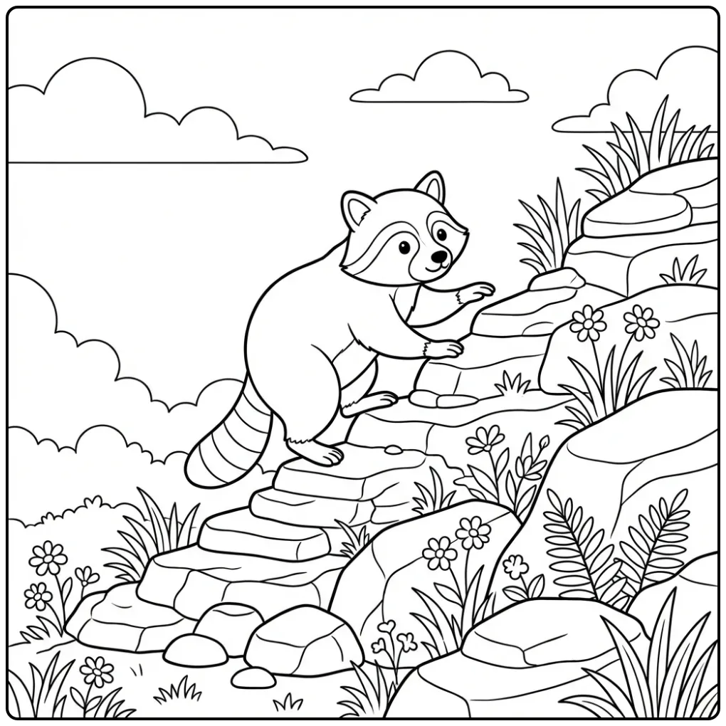 Een leuke kleurplaat wasbeer klimt op rotsen met bloemen.