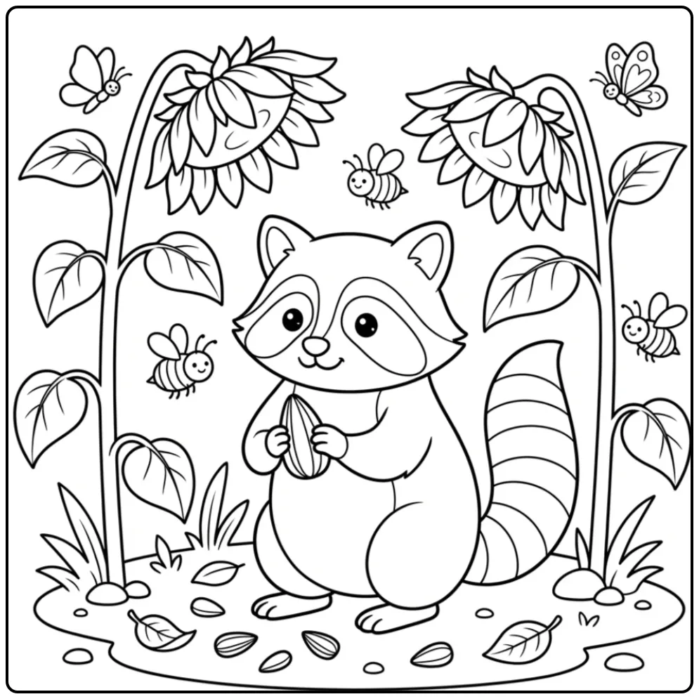 Schattige kleurplaat wasbeer tussen de zonnebloemen
