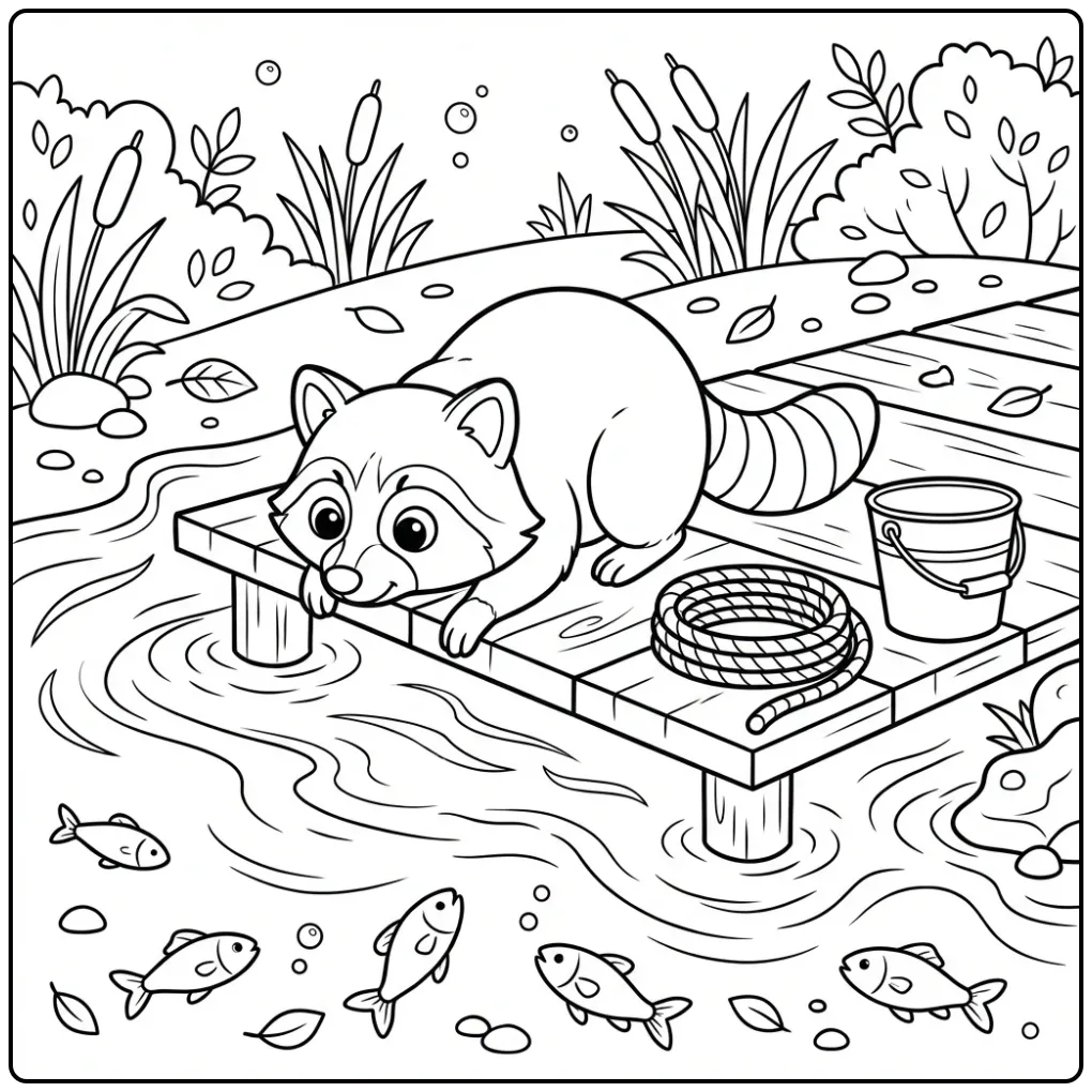 Schattige kleurplaat wasbeer op een houten steiger bij water.