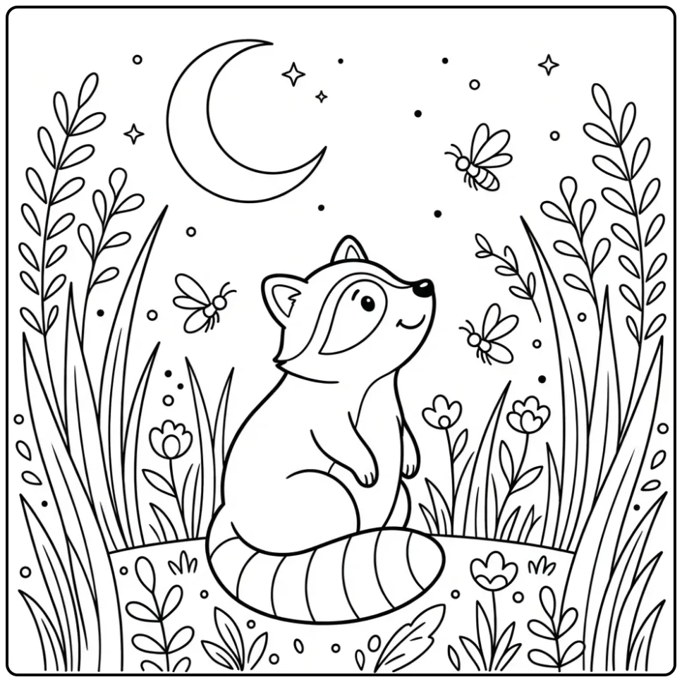 Een schattige kleurplaat wasbeer onder de maan en sterren.