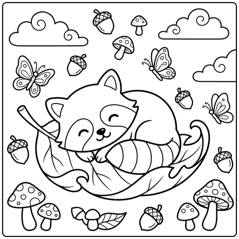 Schattige kleurplaat wasbeertje slapend op een groot blad.