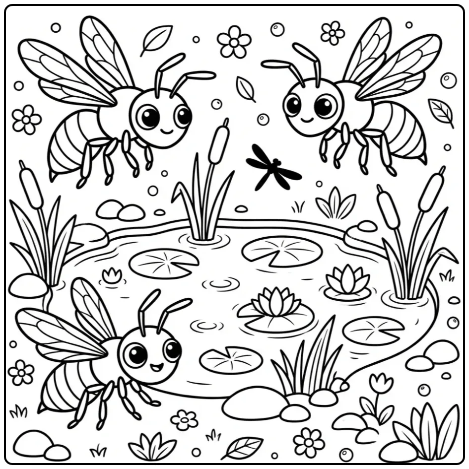 Schattige kleurplaat wesp met drie wespen bij de vijver.