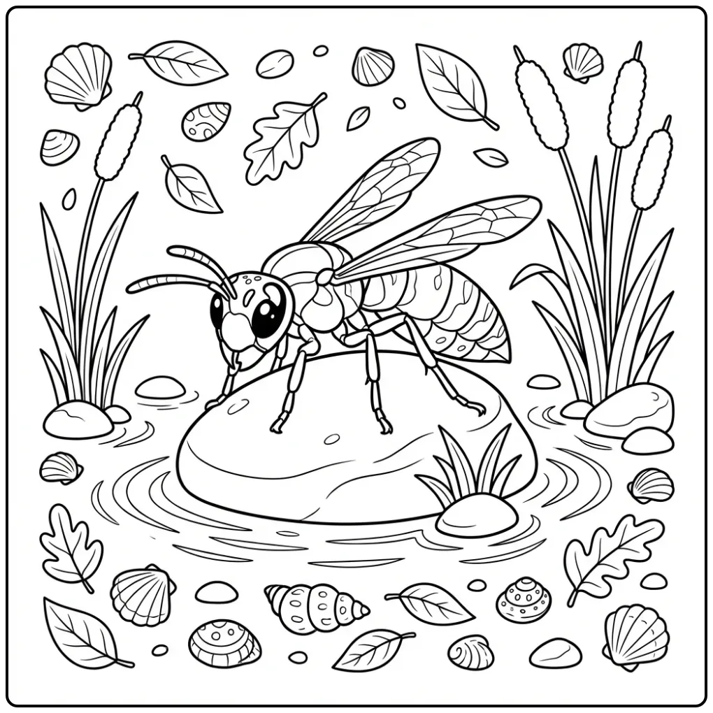 Cartoon kleurplaat wesp zittend op een gladde riviersteen.