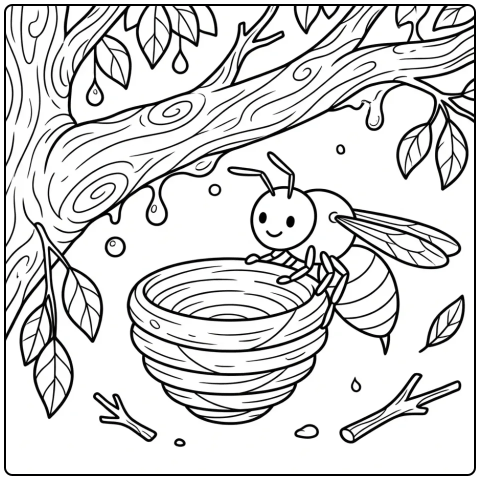 Een schattige kleurplaat wesp die een nest bouwt.