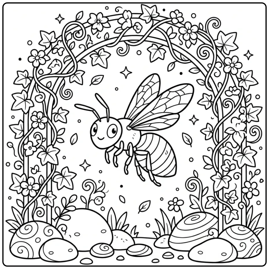 Schattige kleurplaat wesp vliegend door een tuinboog.