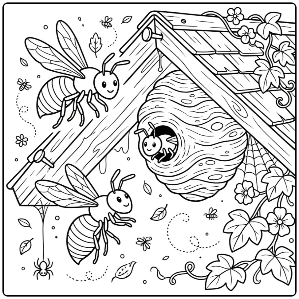 Gedetailleerde kleurplaat wesp bij nest aan dakrand.