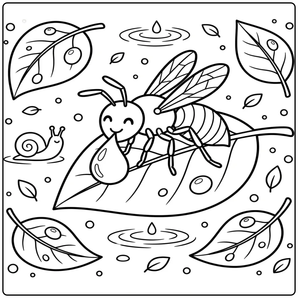 Leuke kleurplaat wesp drinkt van een druppel op een blad.