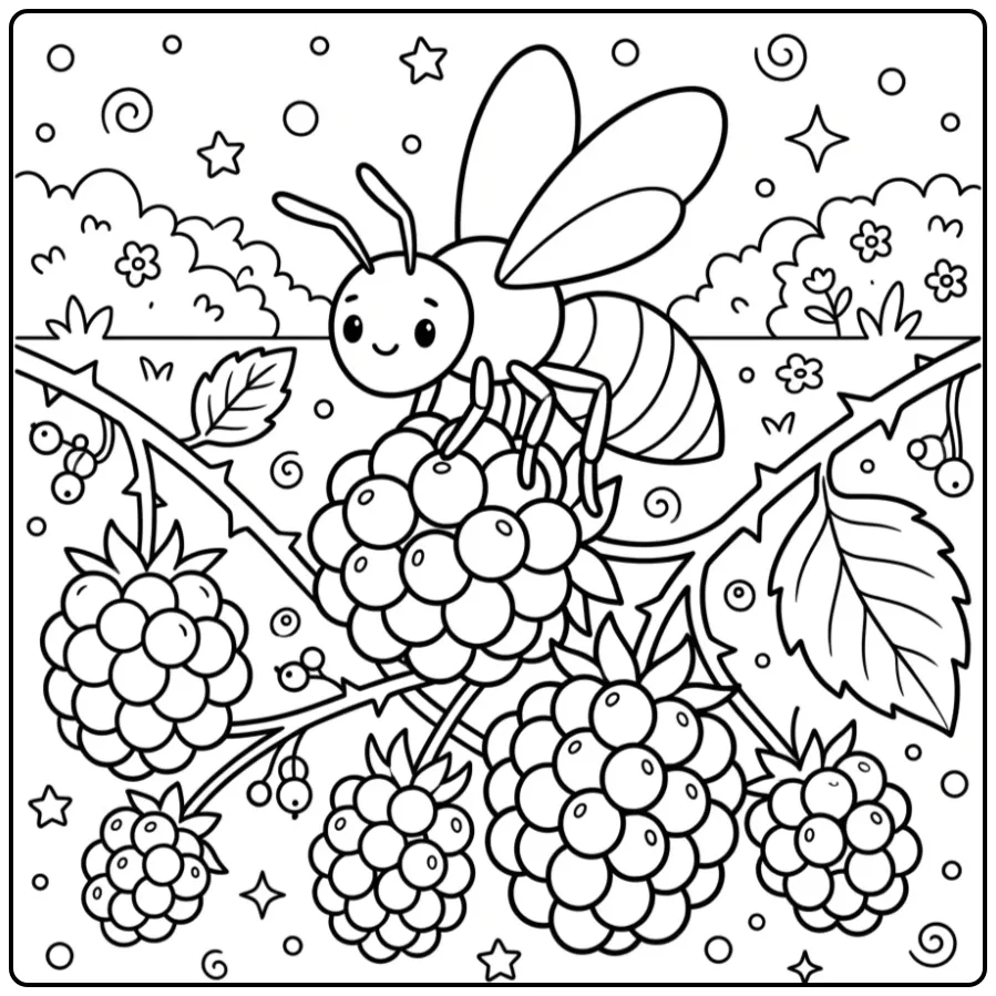 Een schattige kleurplaat wesp op een tak met rijpe bramen.