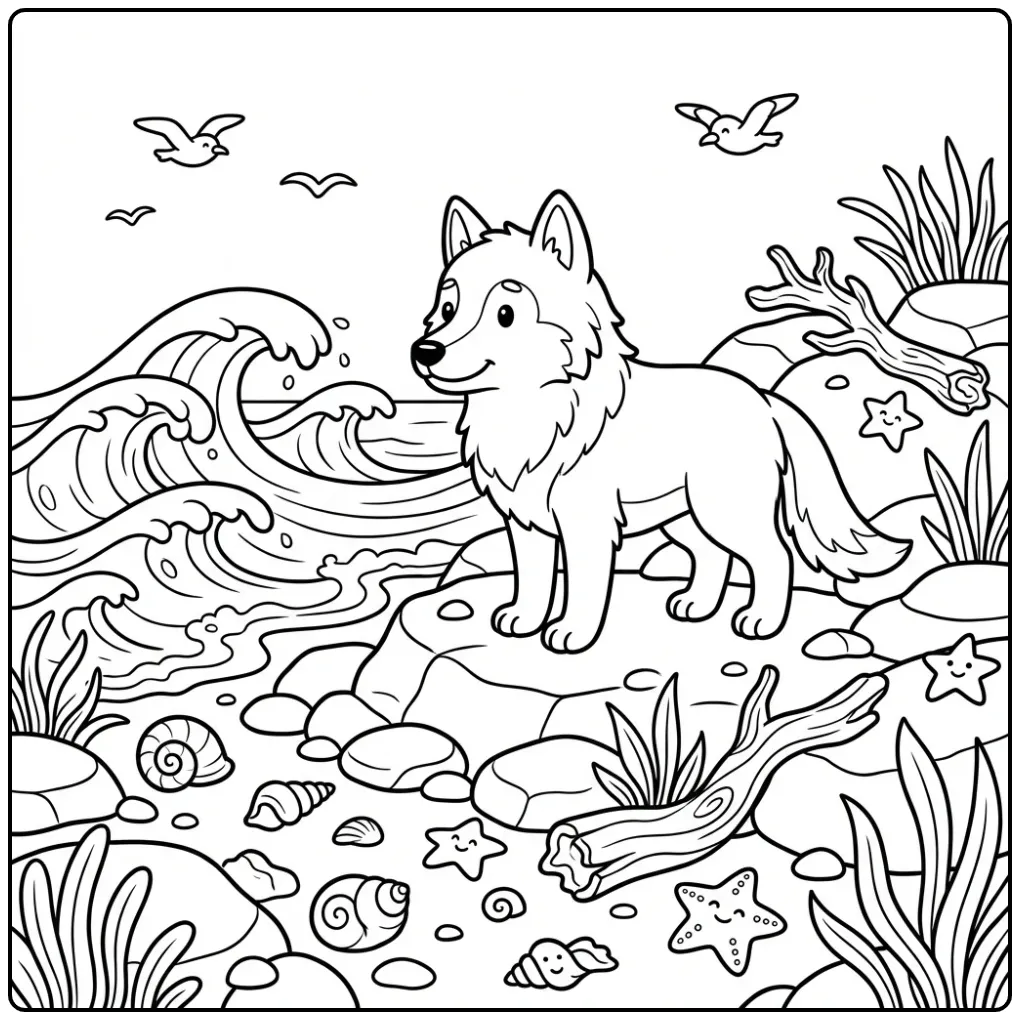 Een leuke kleurplaat wolf op een strand vol schelpen.