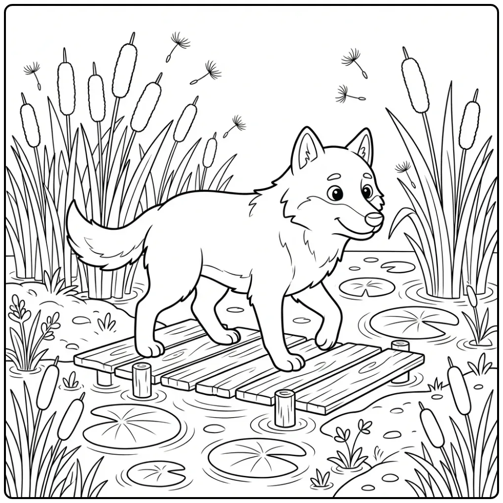 Schattige kleurplaat wolf lopend door een moeras met riet.