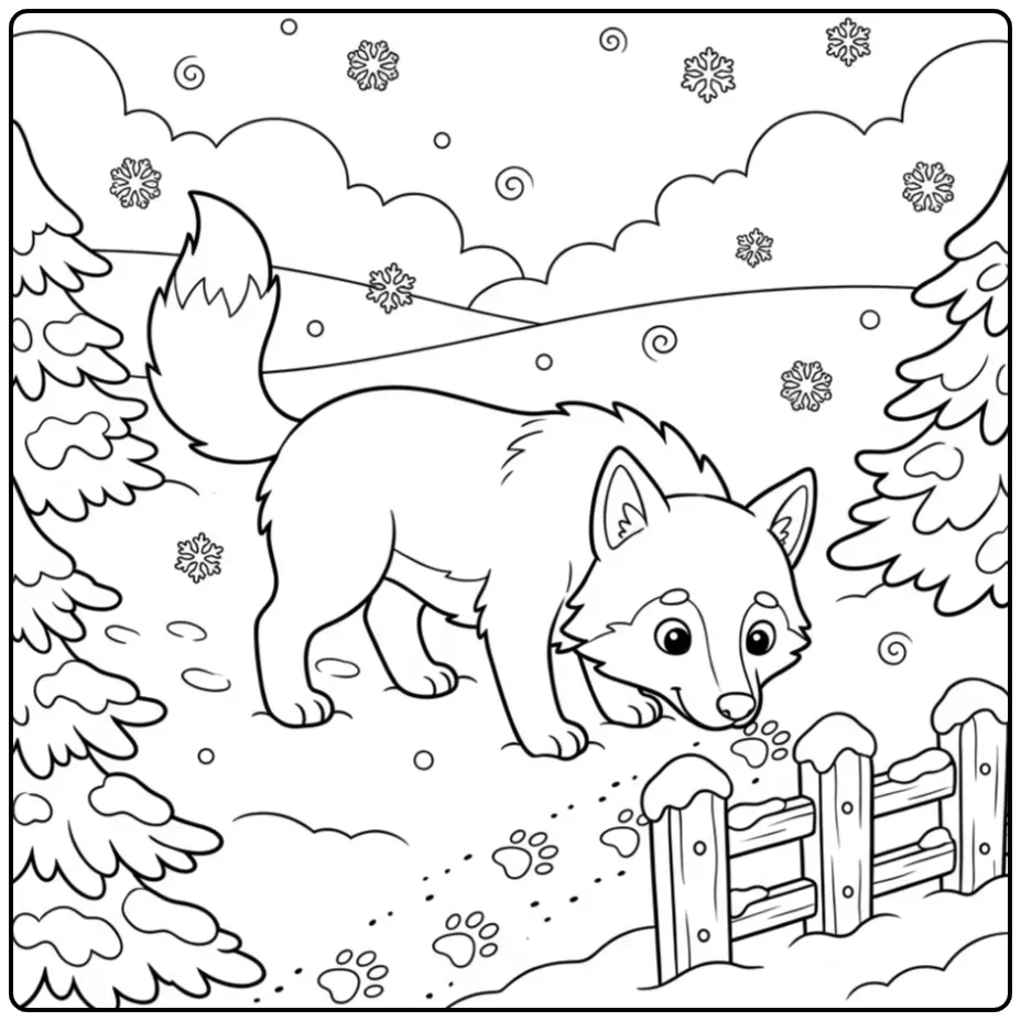 Schattige kleurplaat wolf snuffelt aan pootafdrukken in sneeuw.