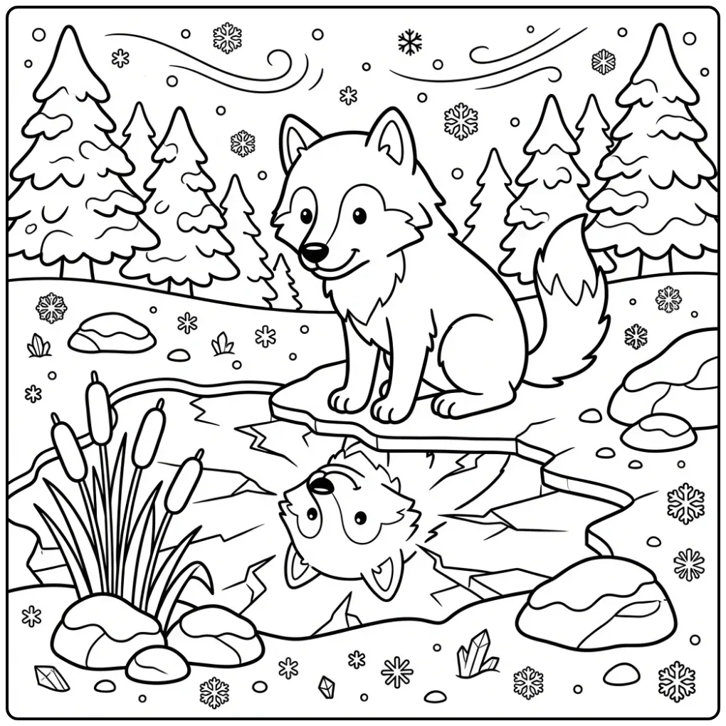 Een leuke kleurplaat wolf bij een bevroren meer in de sneeuw.