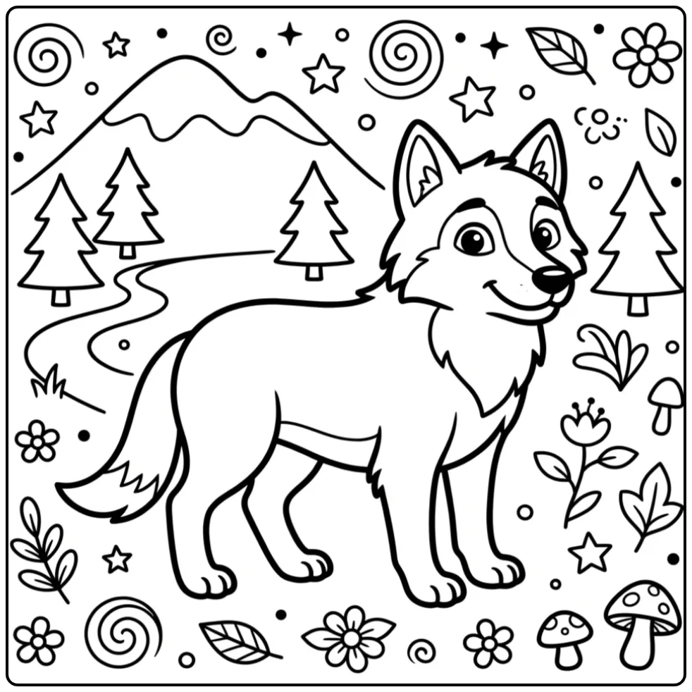 Schattige kleurplaat wolf makkelijk in een bos landschap.