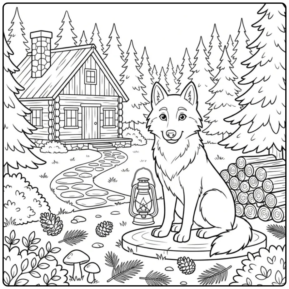 Schattige kleurplaat wolf zittend bij een houten hutje.