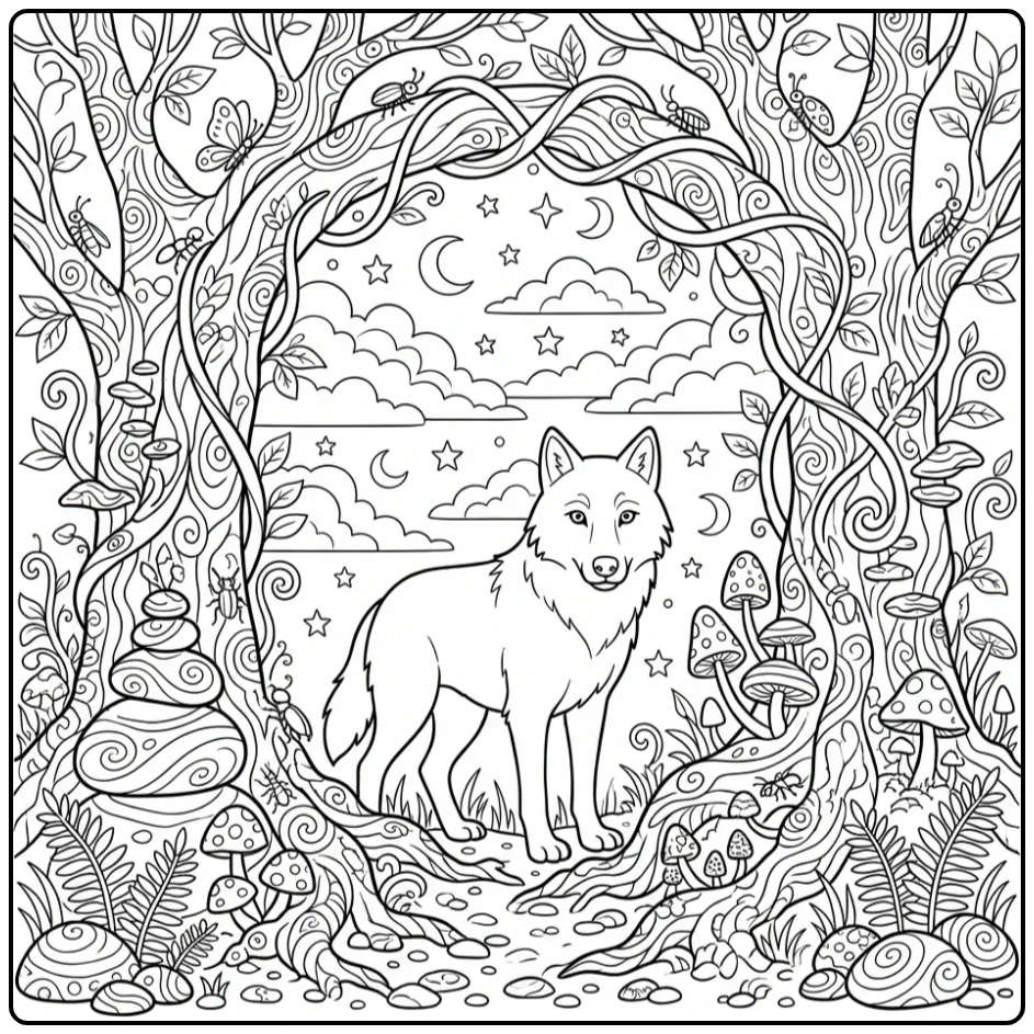 Gedetailleerde kleurplaat wolf moeilijk met bosdieren.