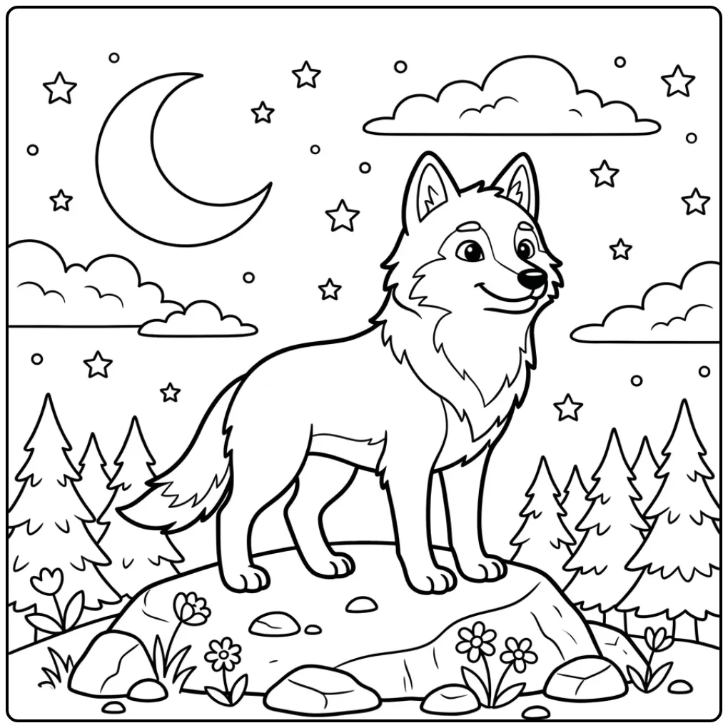 Een leuke kleurplaat wolf op een rotsachtige heuvel.