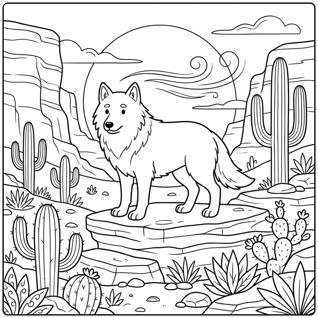 Schattige kleurplaat wolf in een woestijn canyon.