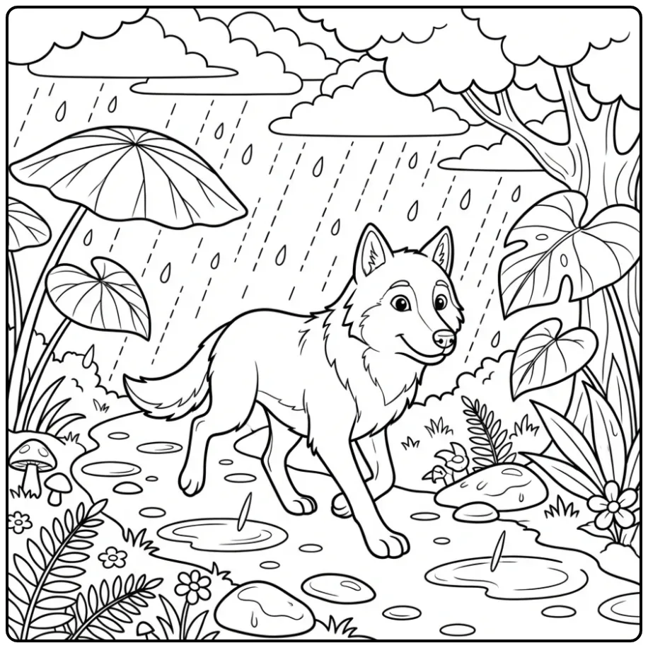 Schattige kleurplaat wolf in een regenachtig bos.