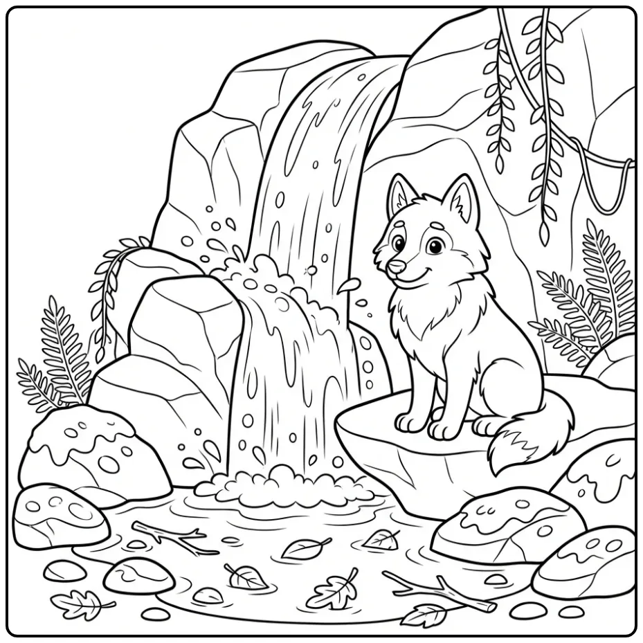 Een schattige kleurplaat wolf bij een waterval in het bos.