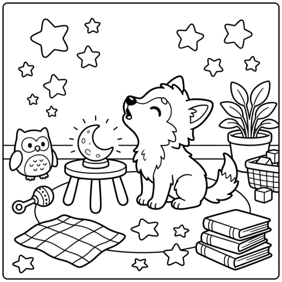 Schattige kleurplaat wolfje huilend naar een maanlampje.