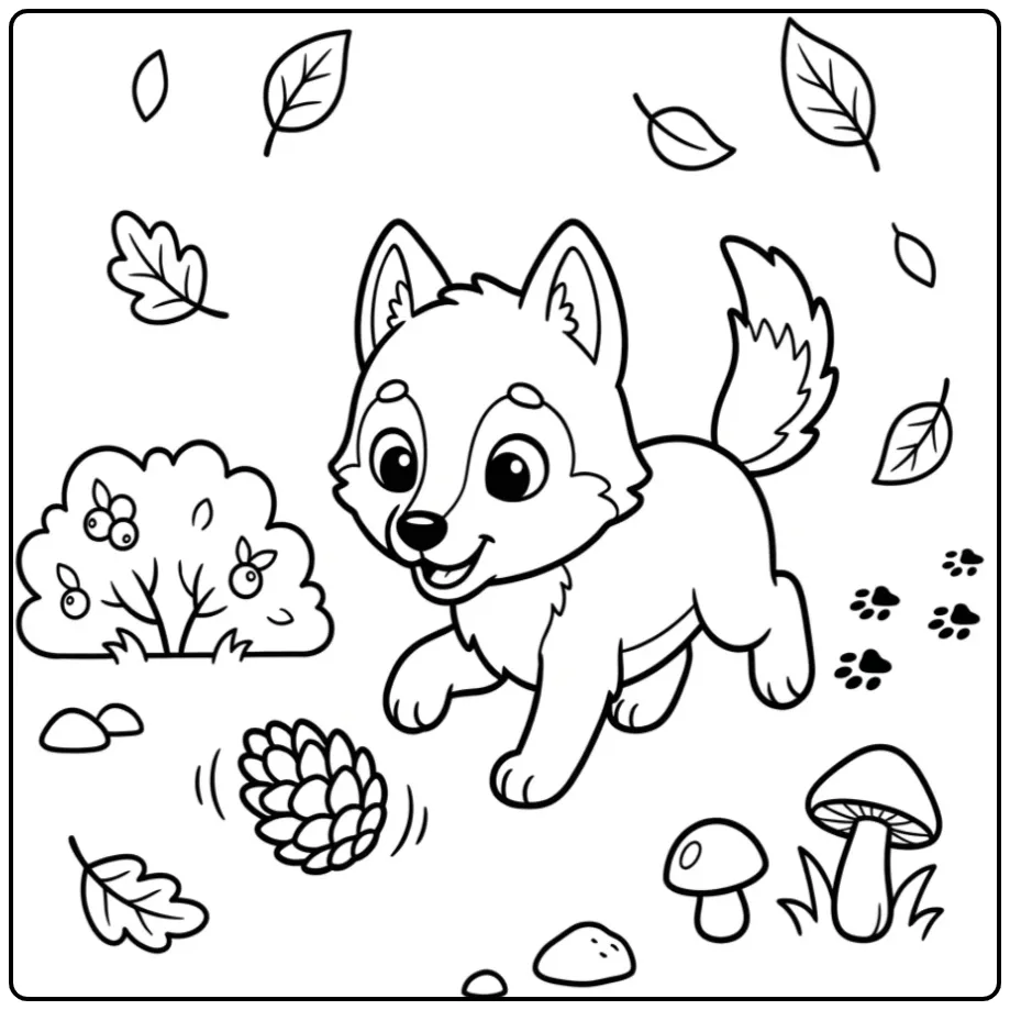 Speelse kleurplaat wolfje met dennenappel en pootafdrukken.