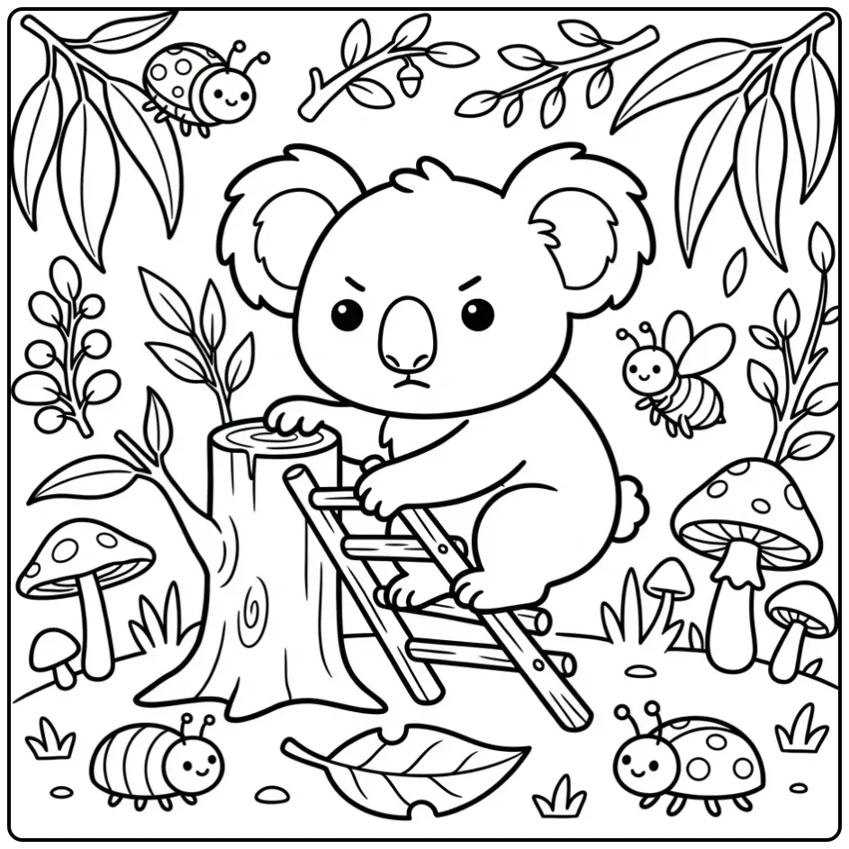 Leuke baby koala kleurplaat die leert klimmen op een boom.