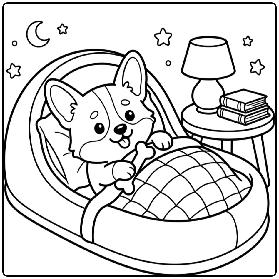 Corgi kleurplaat met puppy slapend in een zachte pantoffel.