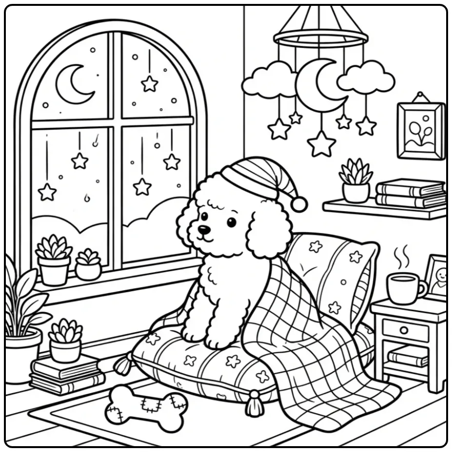Schattige kleurplaat poedel met slaapmuts bij het raam.