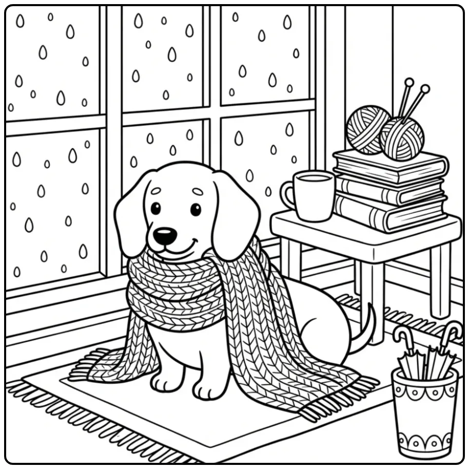 Schattige kleurplaat teckel pup met sjaal bij het raam.