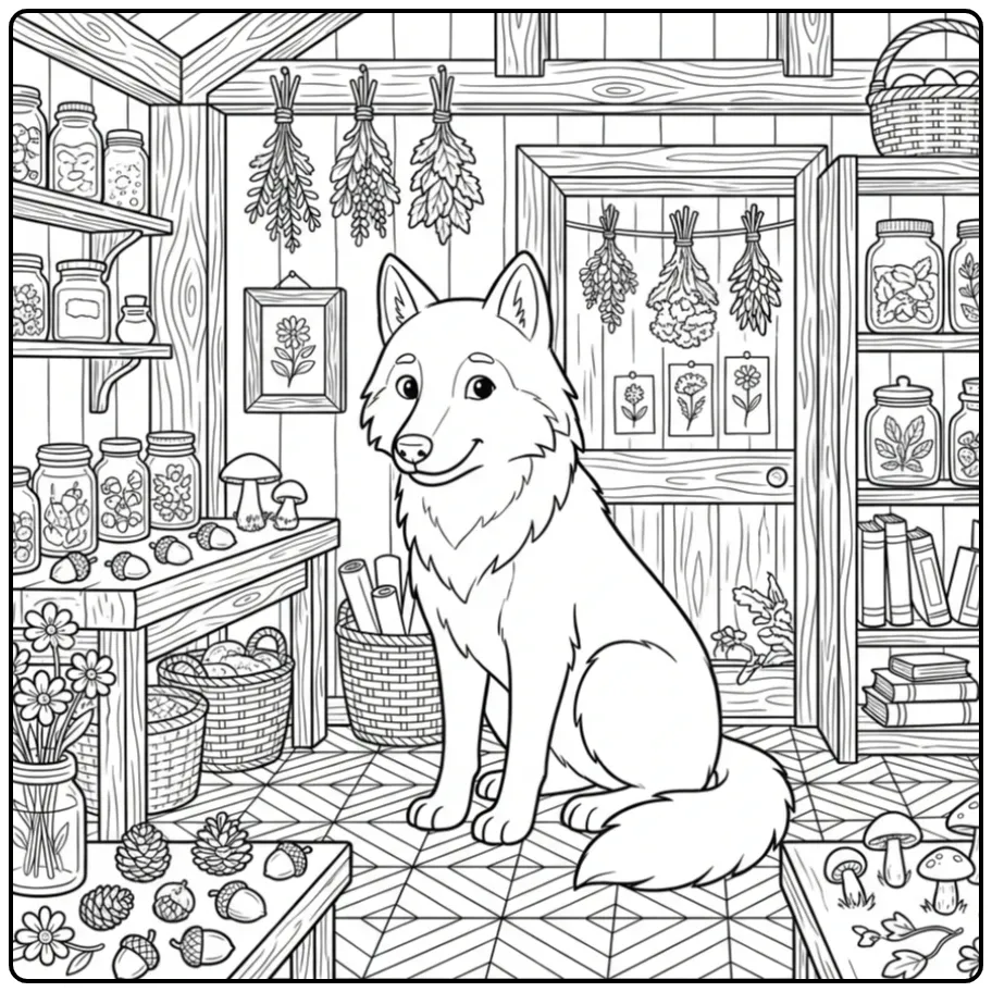 Gedetailleerde wolf kleurplaat voor volwassenen in huisje.