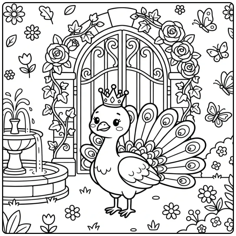 Schattige kleurplaat pauw met kroon voor een kasteelhek.