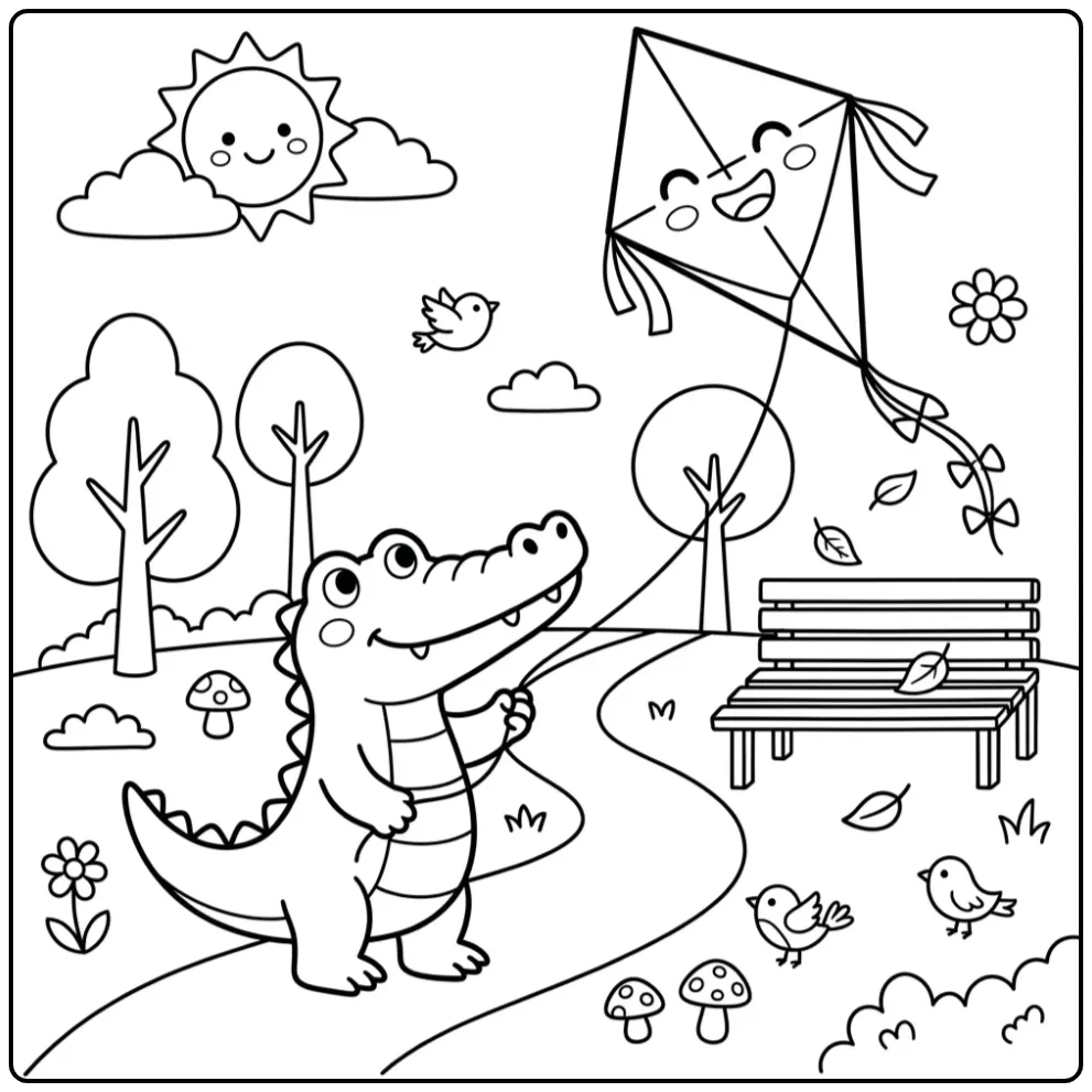 Schattige krokodil kleurplaat makkelijk met vlieger.