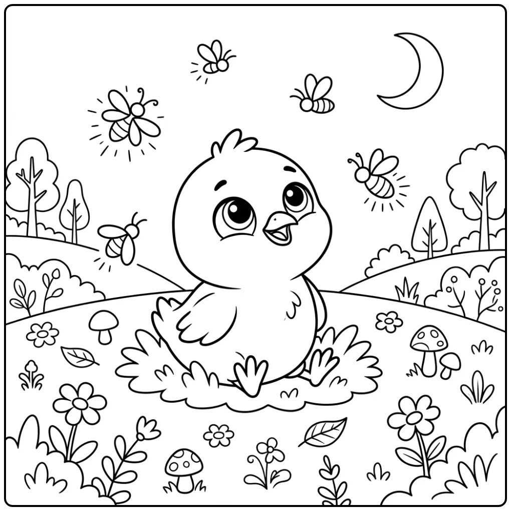 Schattige kuiken kleurplaat met vuurvliegjes en maan.