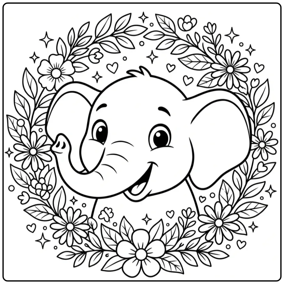 Schattige kleurplaat olifant hoofd met hartjes en sterren.