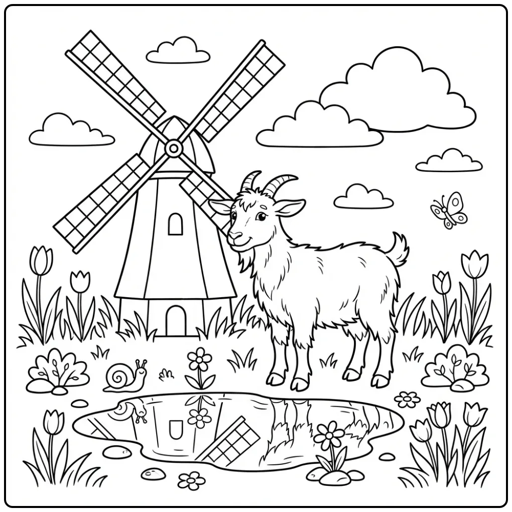 Schattige kleurplaat geit bij een molen en tulpen in het gras.