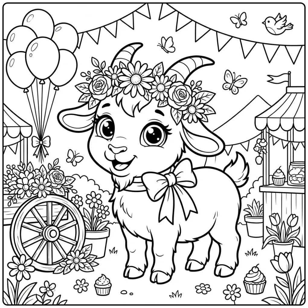 Vrolijke kleurplaat geit met bloemenkrans en ballonnen.