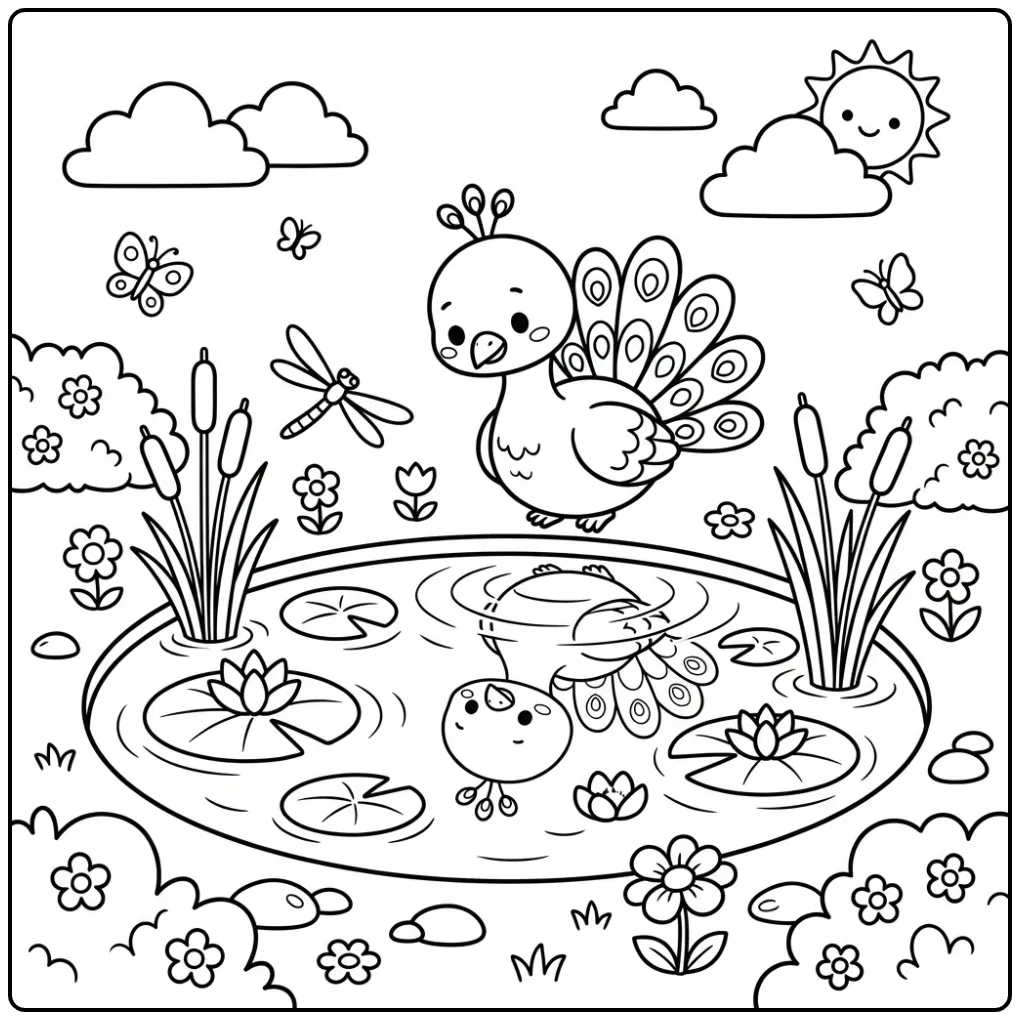 Schattige kleurplaat pauw bij een vijver met waterlelies.