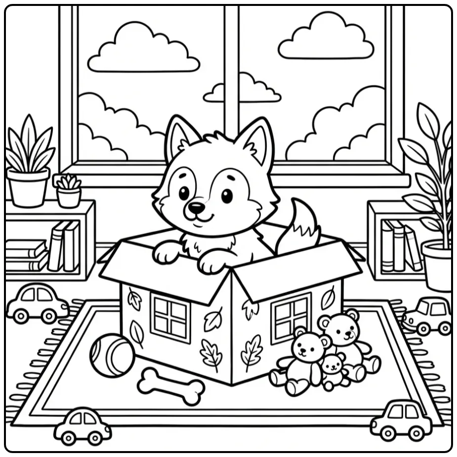 Schattige kleurplaat wolfje in een doos met speelgoed.