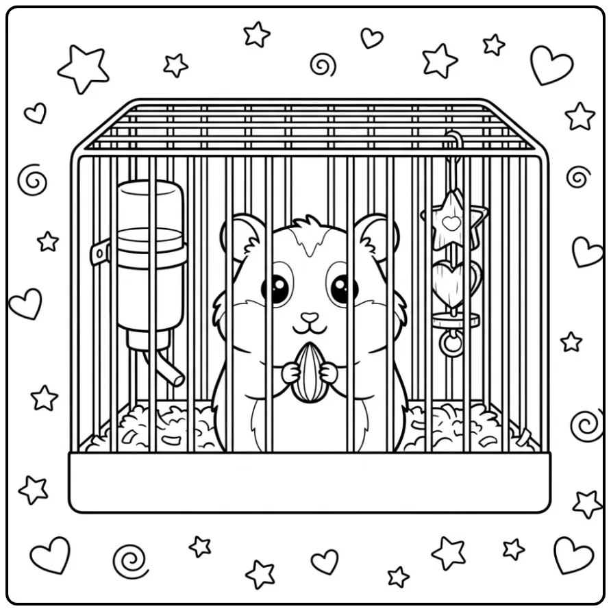Een schattige kleurplaat hamster in kooi met een zonnebloempit.